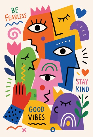Abstract composition of diverse faces with positive affirmations.